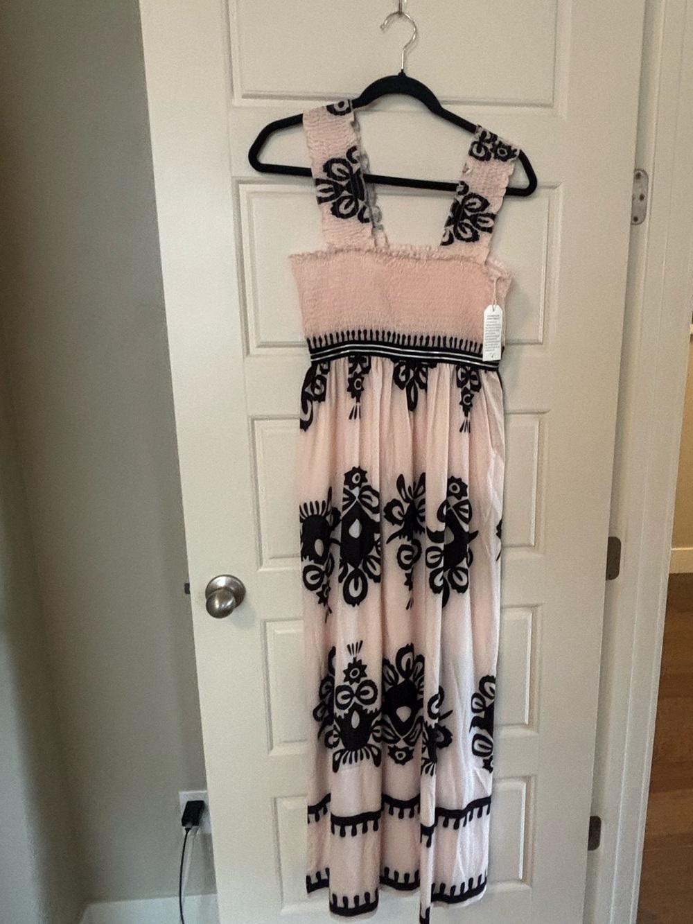 NWT Creme and Black Printed Smocked Maxi Dress